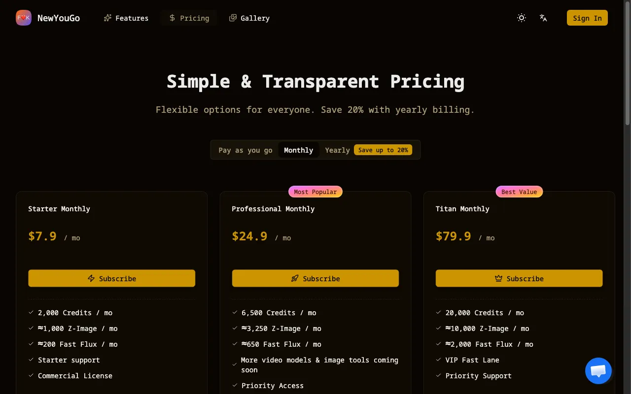 NewYouGo — pricing page