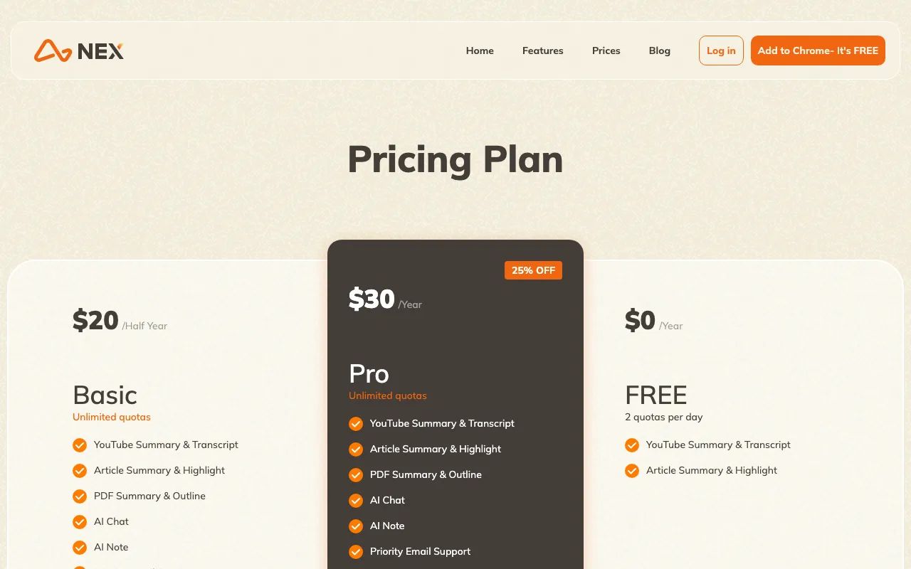 Nex — pricing page