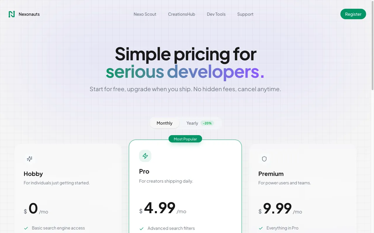 NexoNauts — pricing page