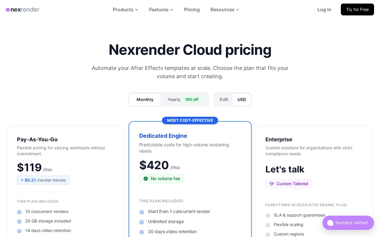 Nexrender — pricing page