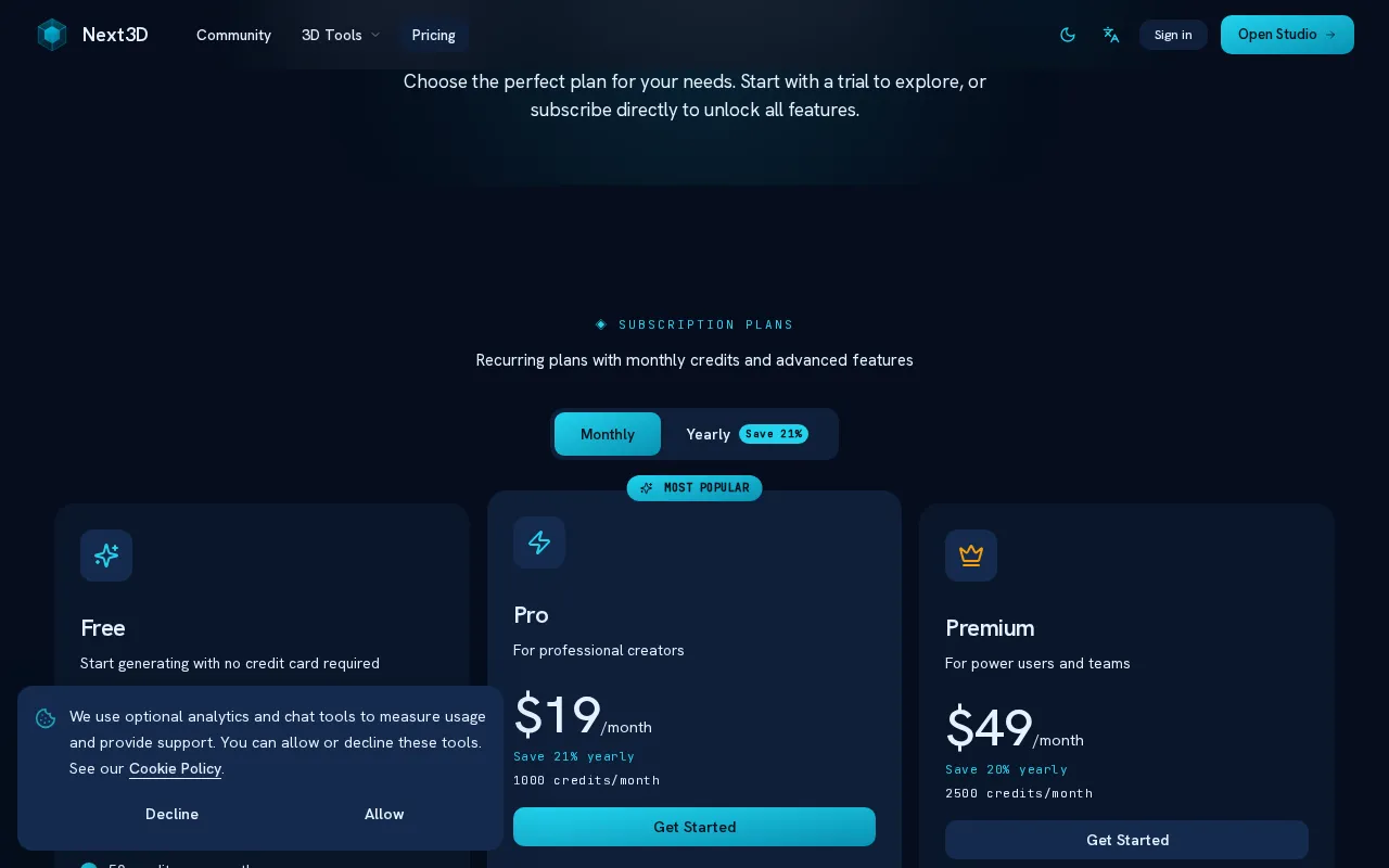 Next3D — pricing page