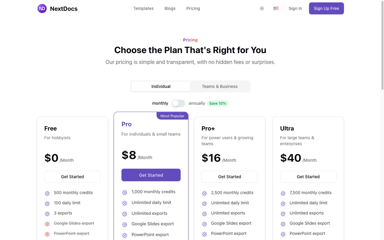NextDocs — pricing page
