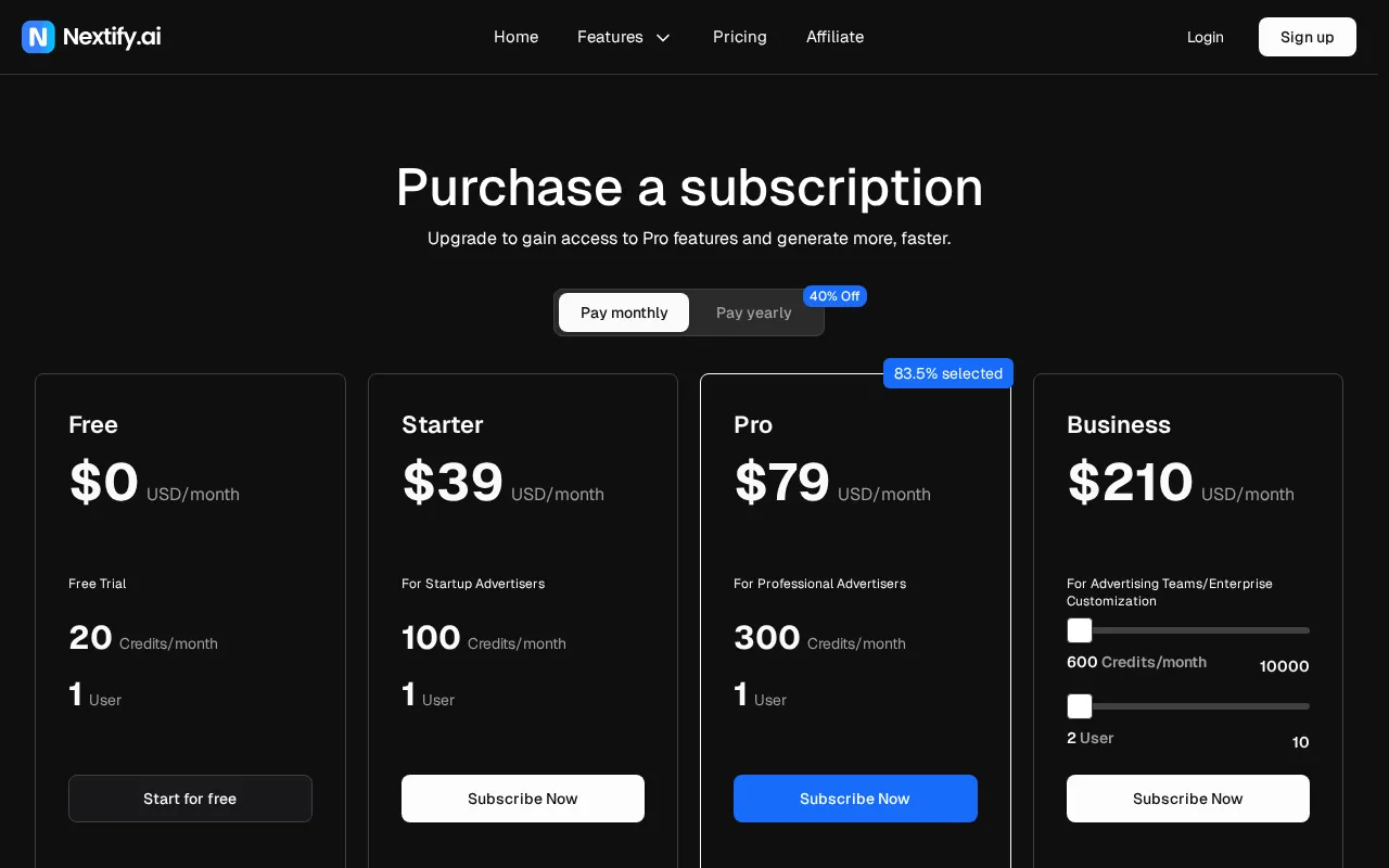 Nextify AI — pricing page
