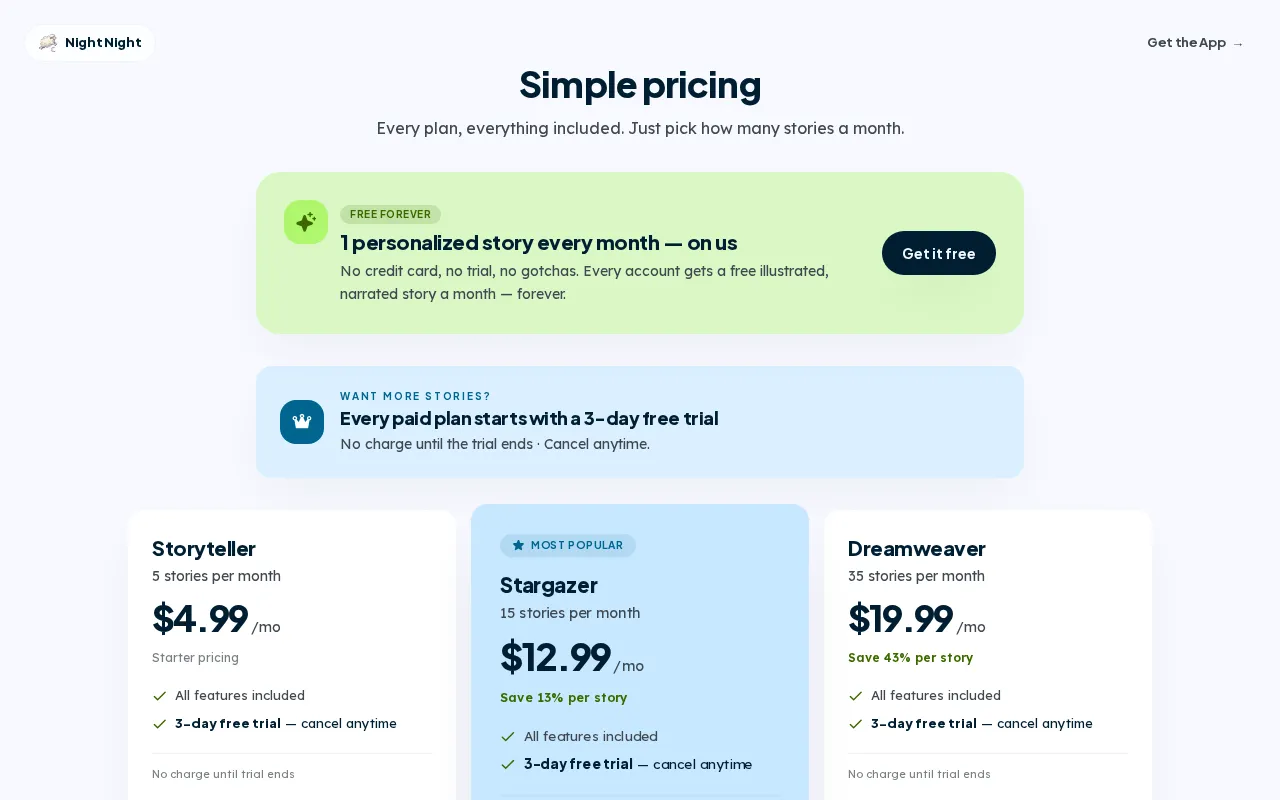 Night Night — pricing page