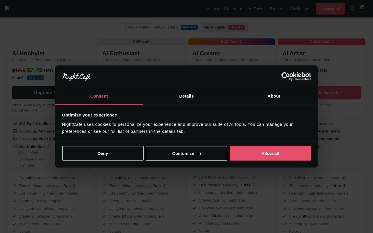 NightCafe Studio — pricing page