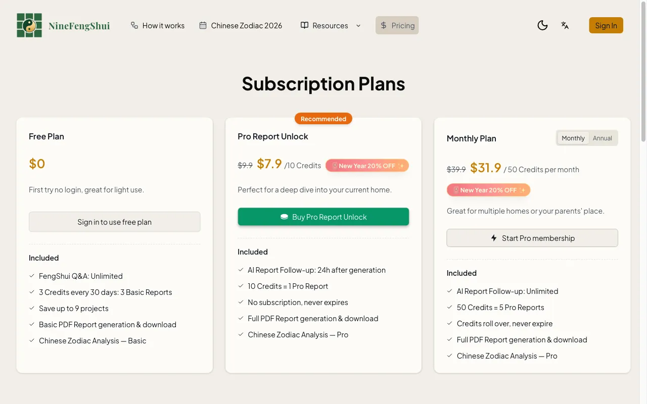 NineFengShui — pricing page