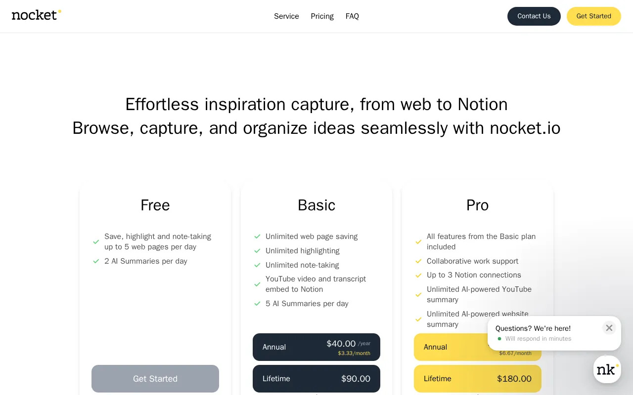 Nocket — pricing page