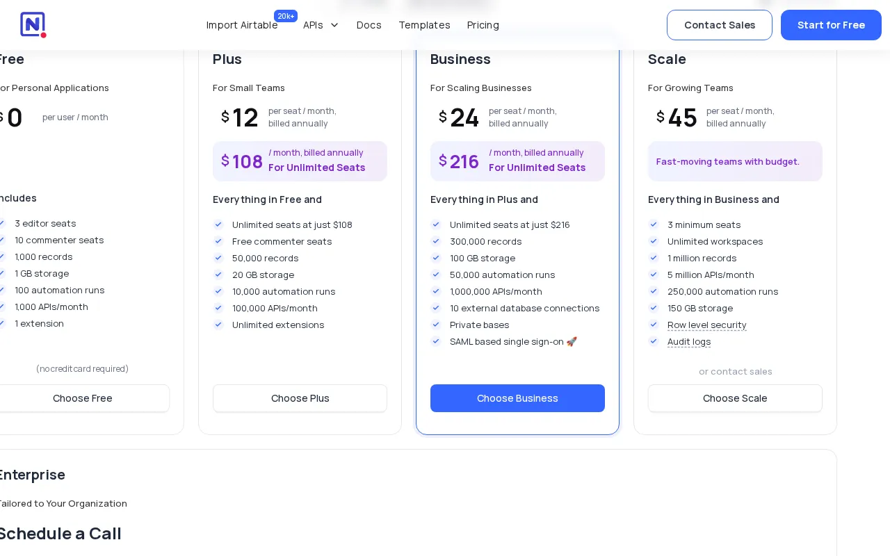Nocodb — pricing page