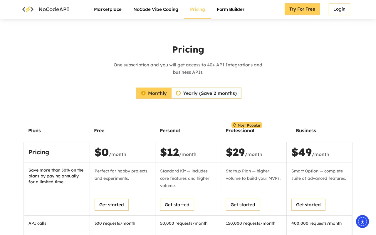NoCodeAPI — pricing page