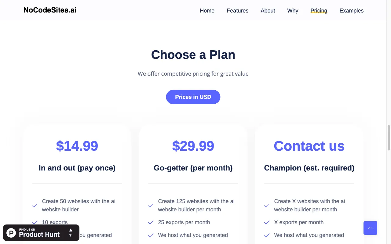 NoCodeSites.ai — pricing page