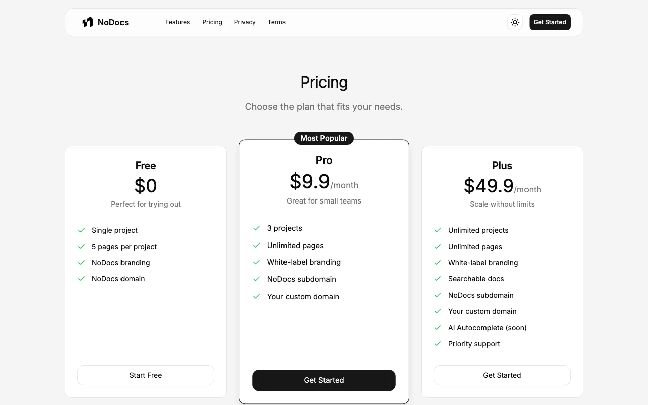 NoDocs — pricing page