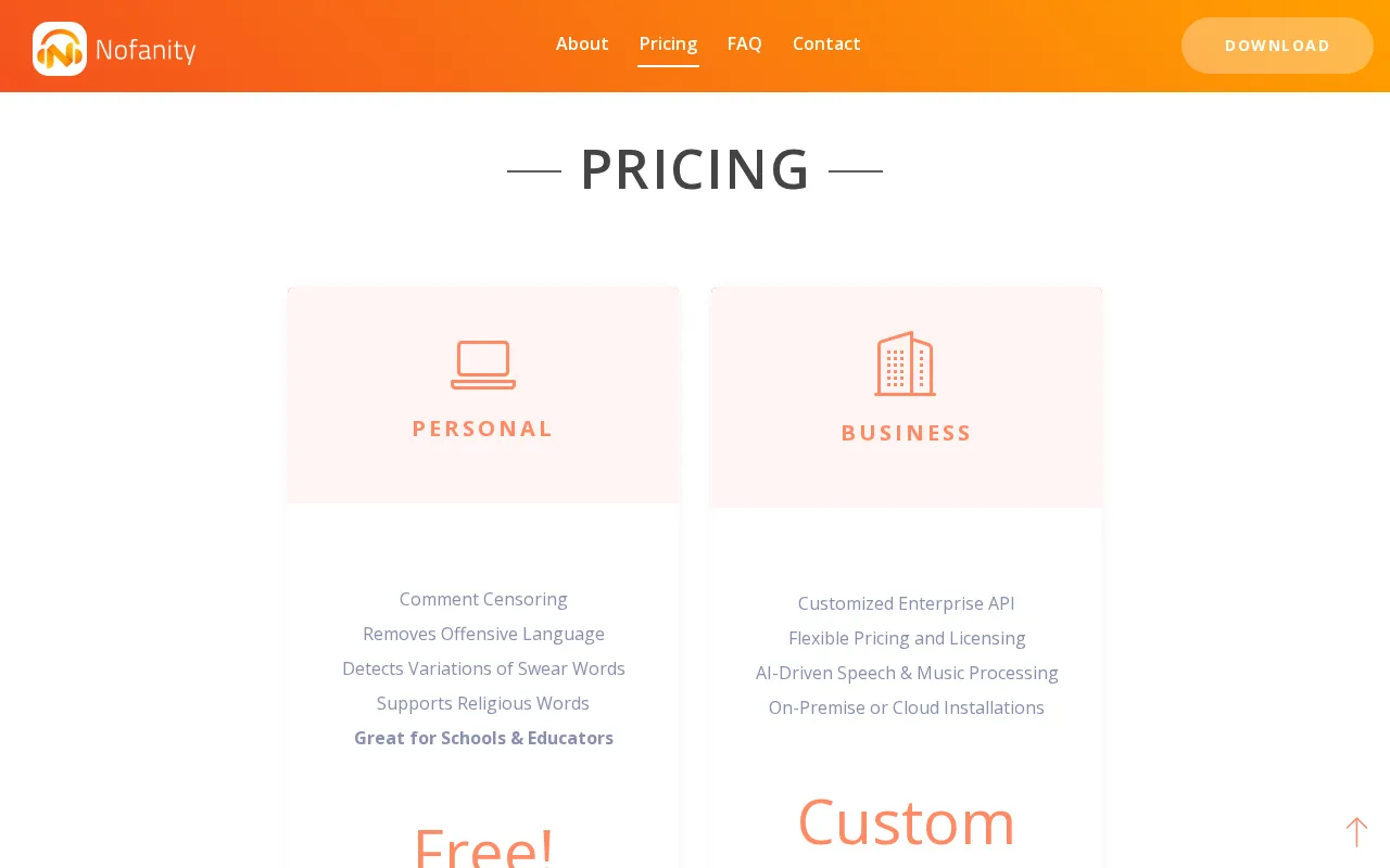 Nofanity — pricing page