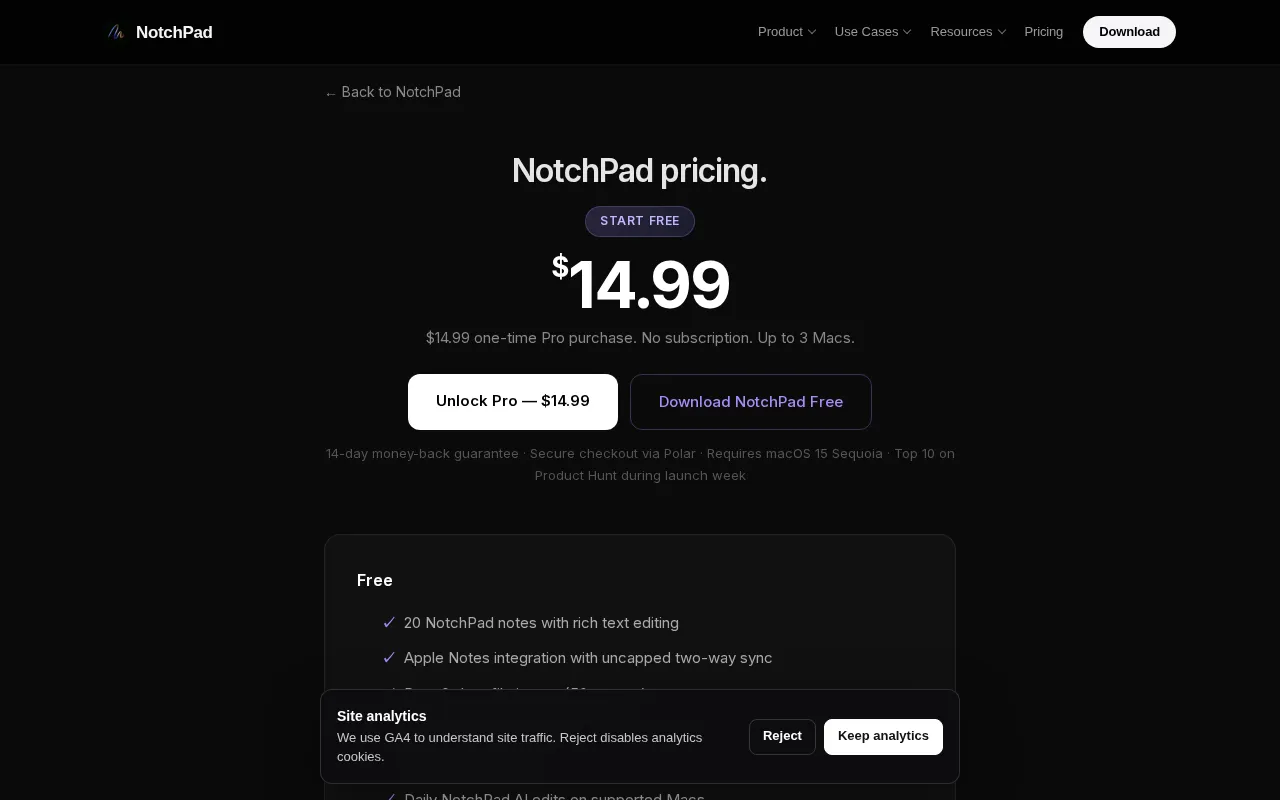 NotchPad — pricing page