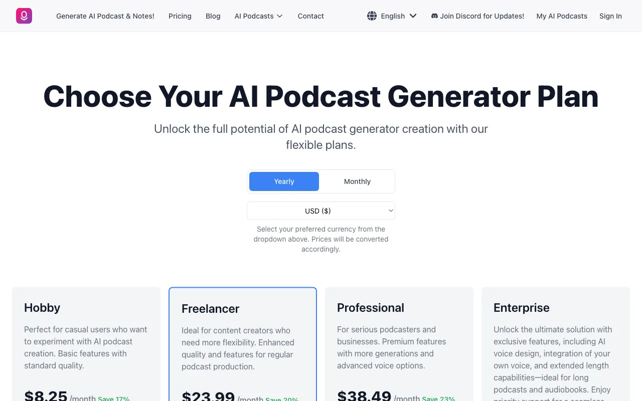NotebookAI Podcast — pricing page