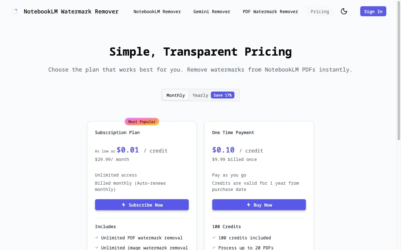 NotebookLM Watermark Remover — pricing page