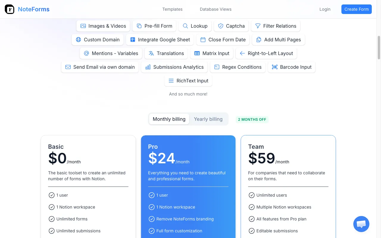 NoteForms — pricing page