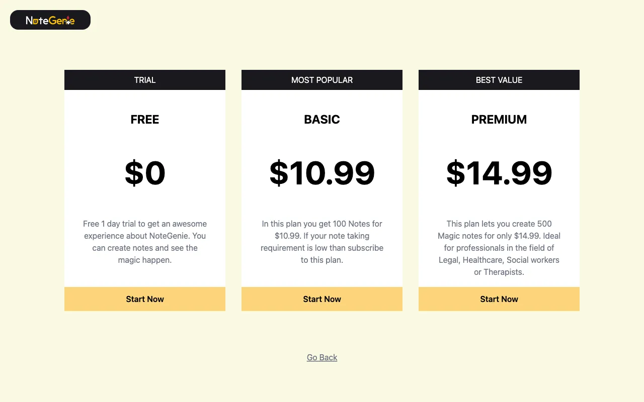 NoteGenie — pricing page