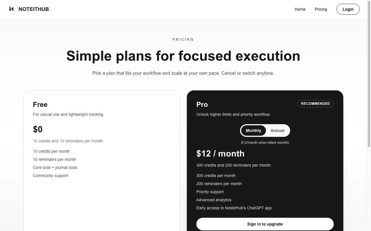 Noteithub — pricing page