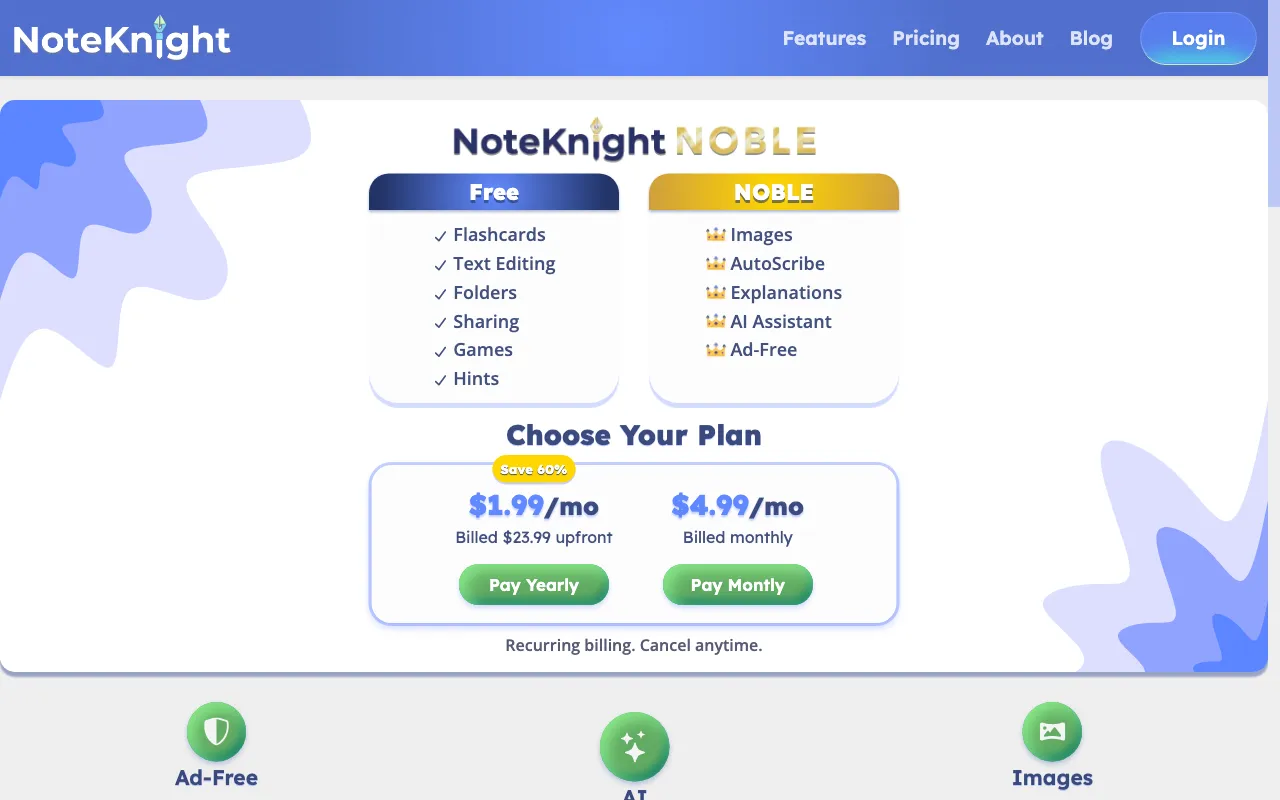 NoteKnight — pricing page