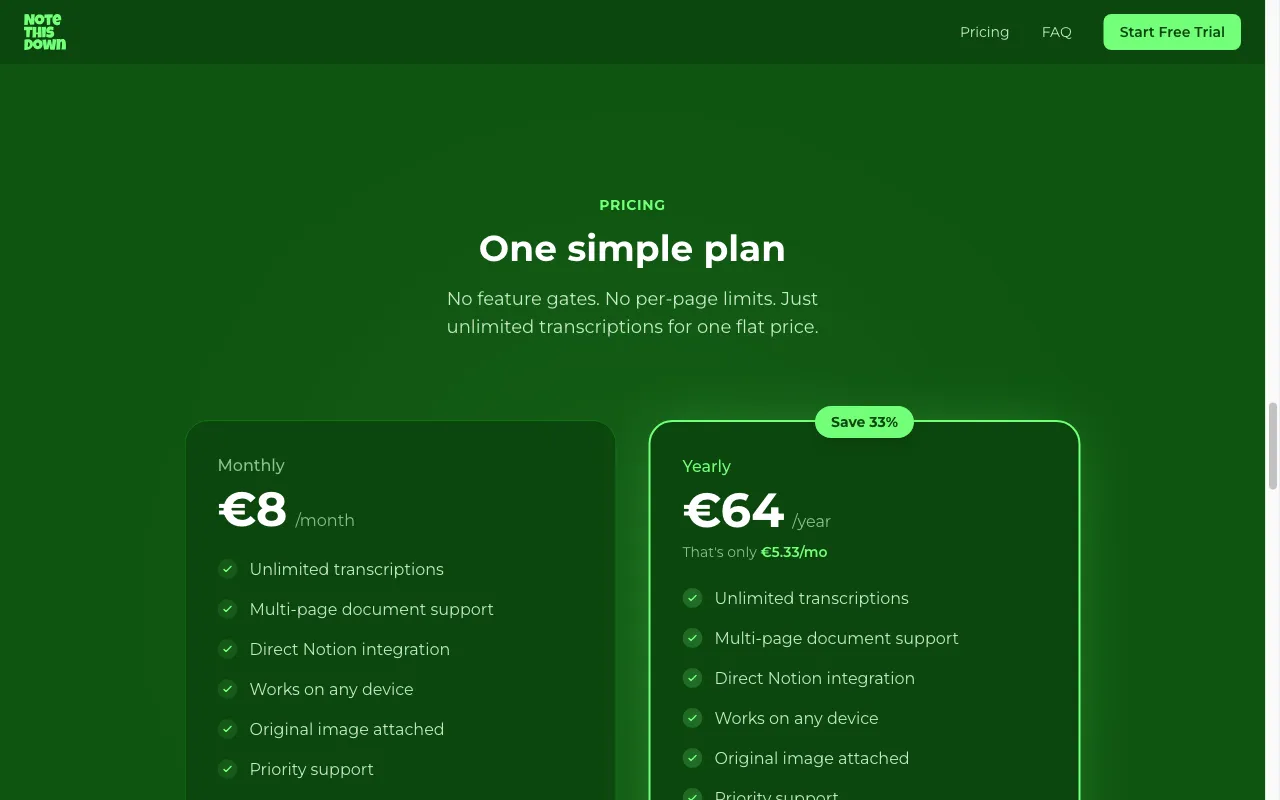 NoteThisDown — pricing page