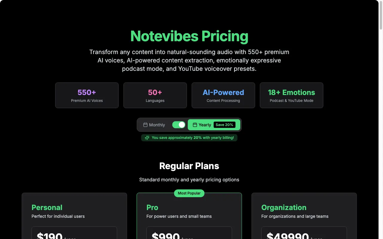 notevibes.com — pricing page