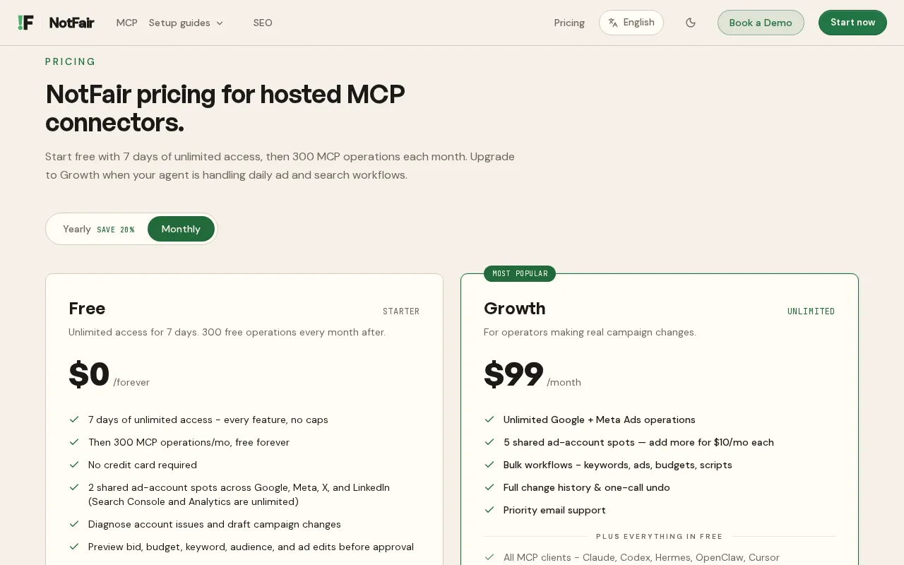 NotFair MCP — pricing page
