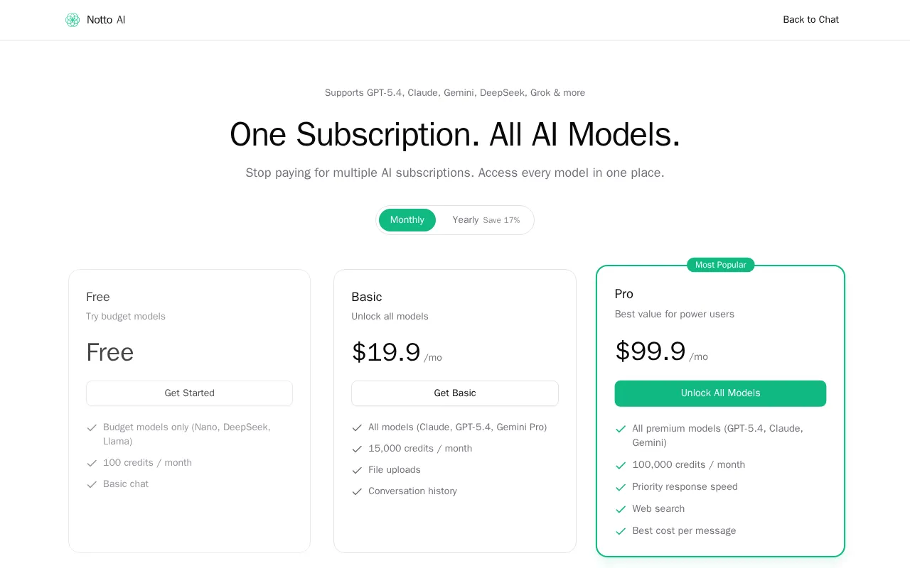 Notto AI — pricing page