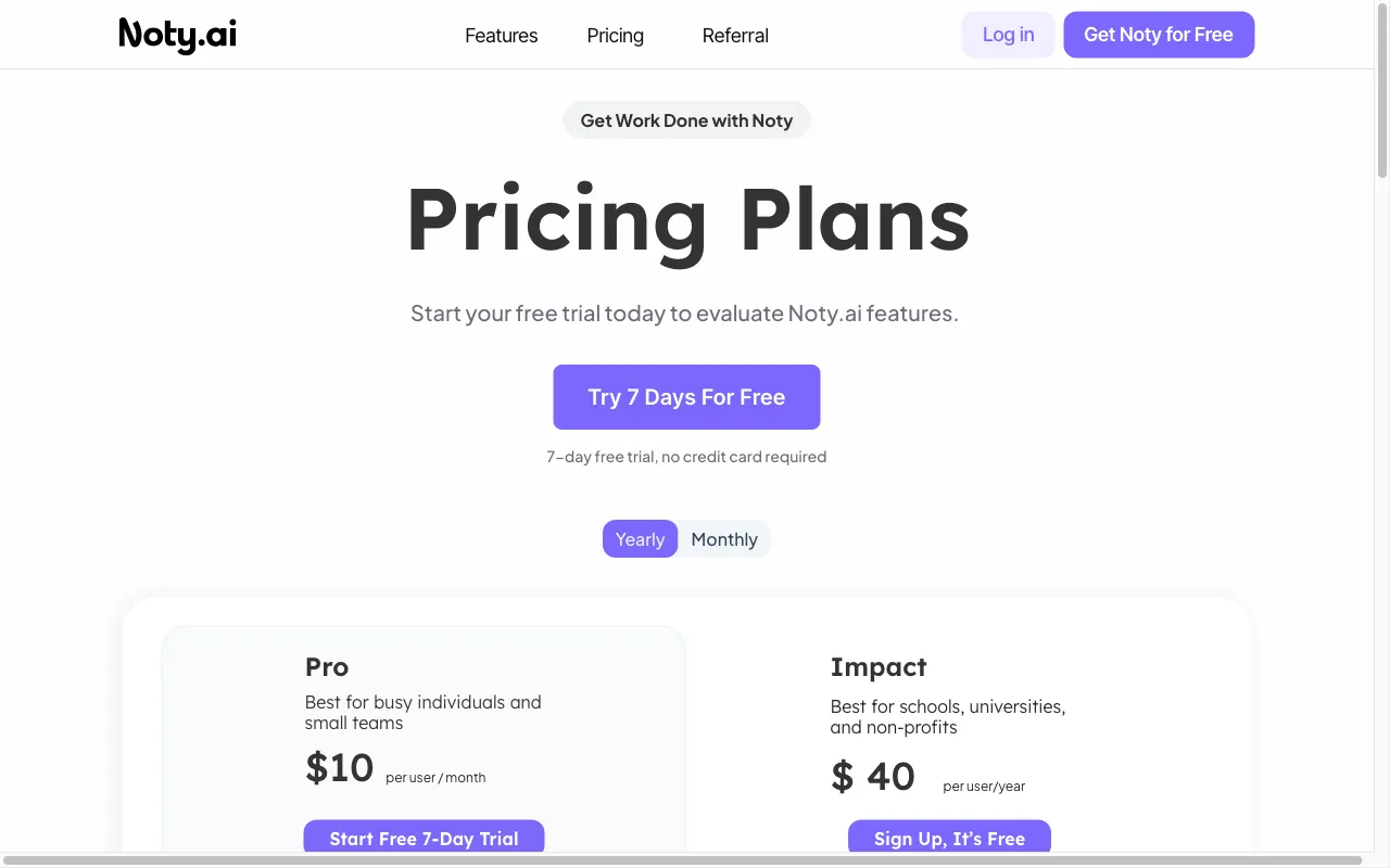 Noty.ai — pricing page