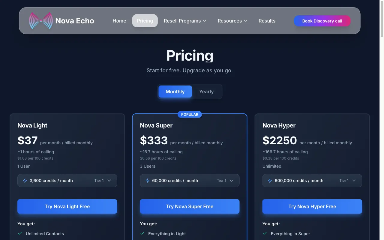 Nova Echo AI — pricing page