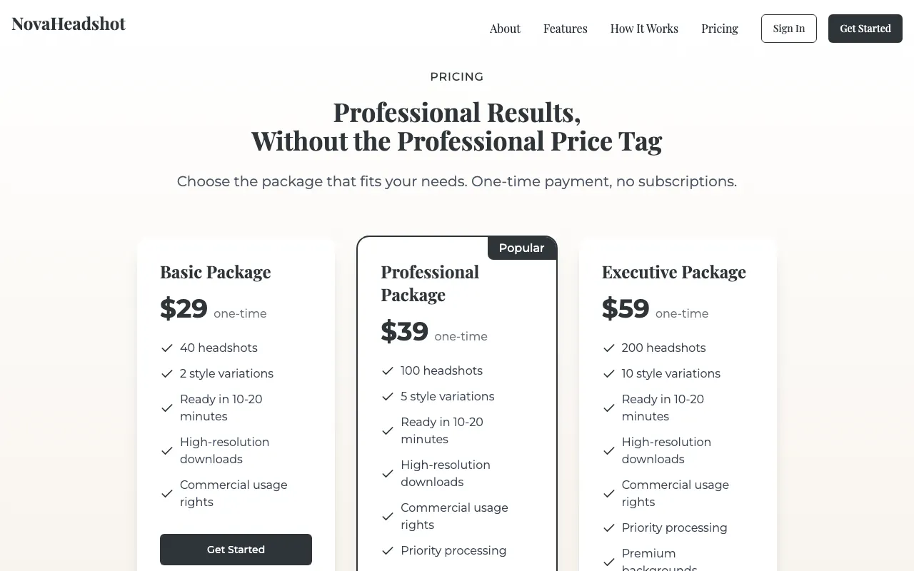 Novaheadshot — pricing page