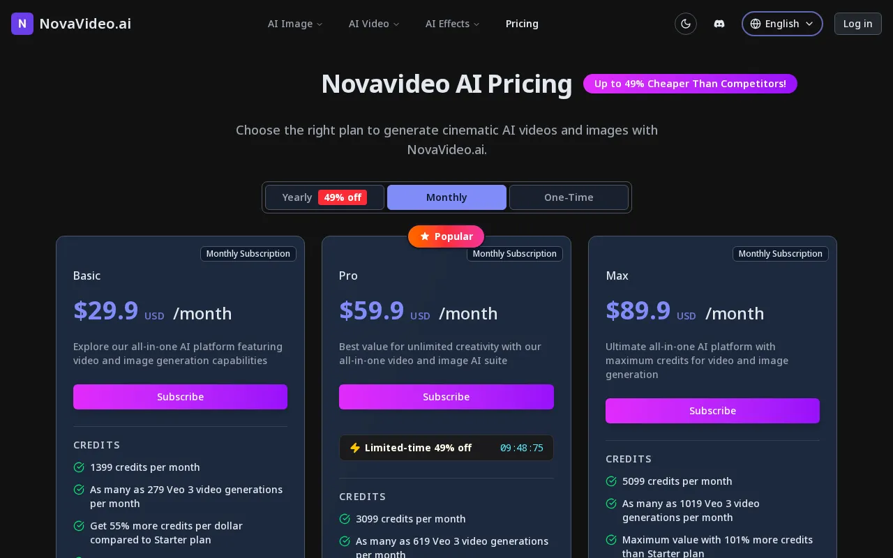 NovaVideo — pricing page