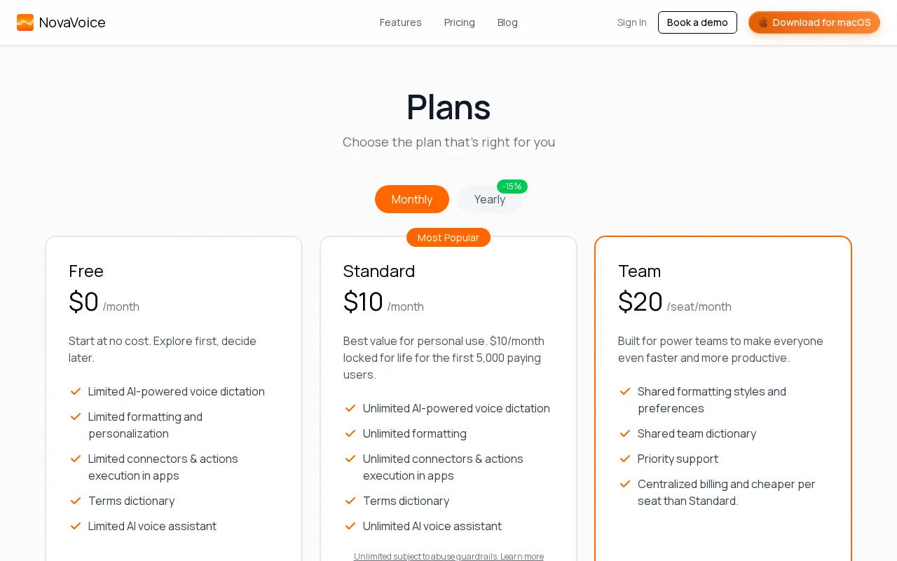 NovaVoice — pricing page