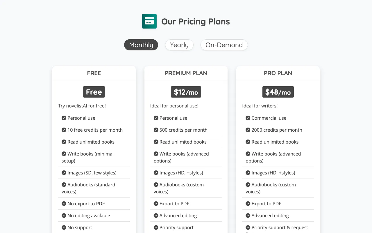 novelistAI — pricing page