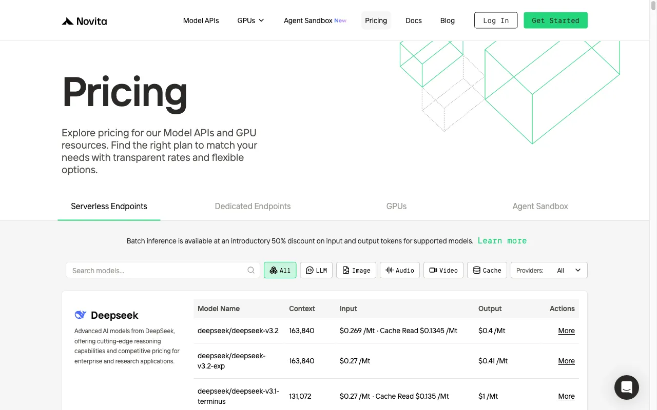 novita.ai — pricing page