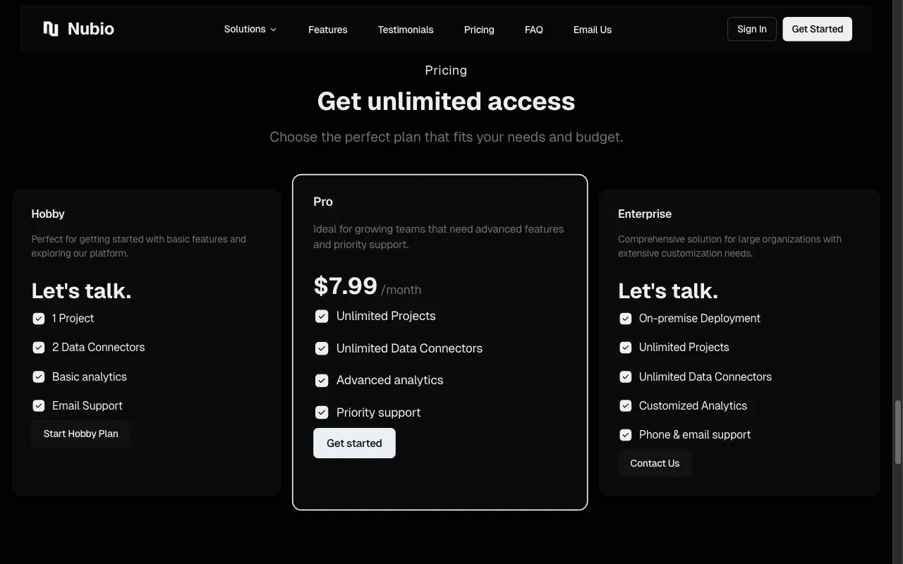 Nubio — pricing page