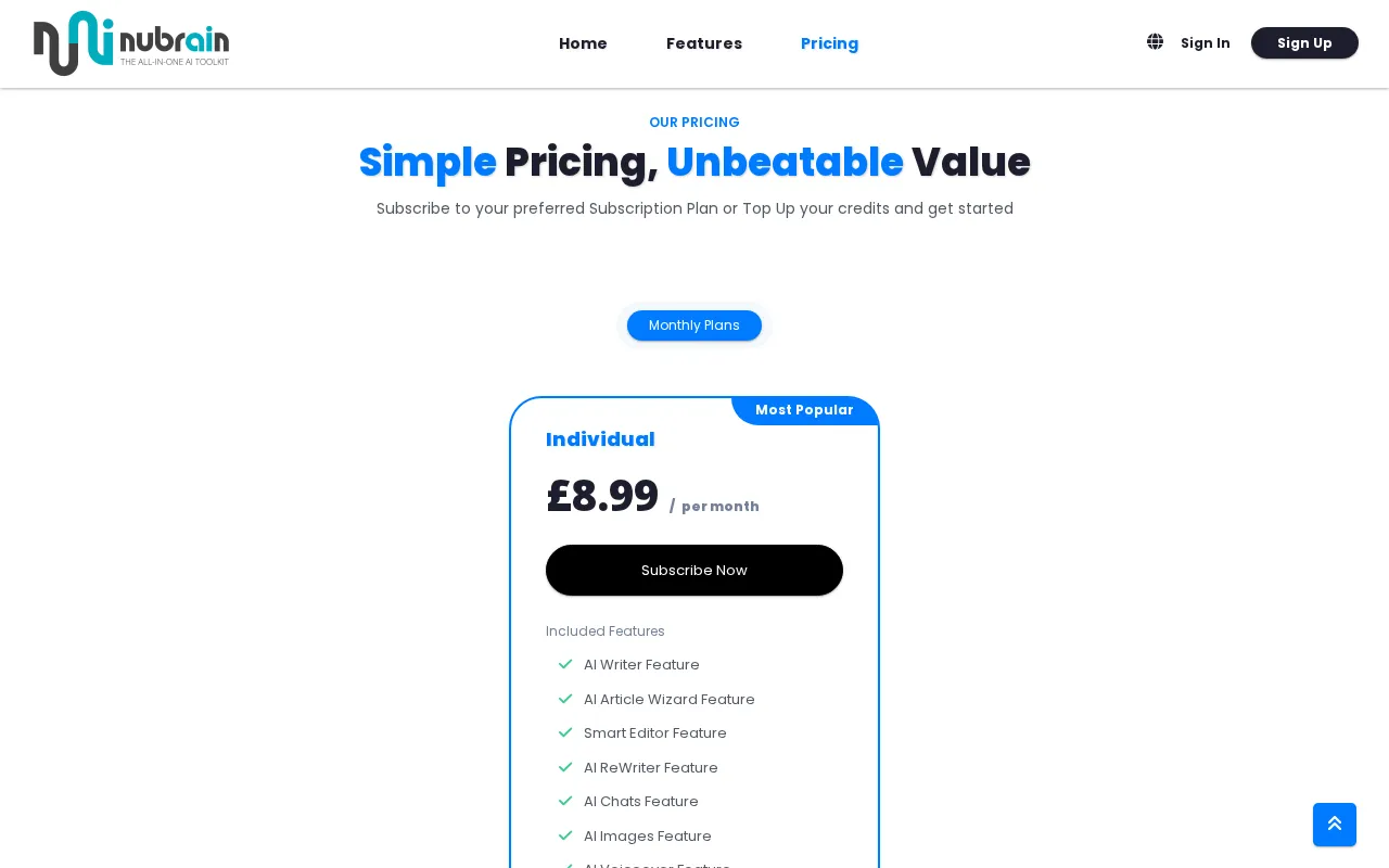 nubrain.ai — pricing page