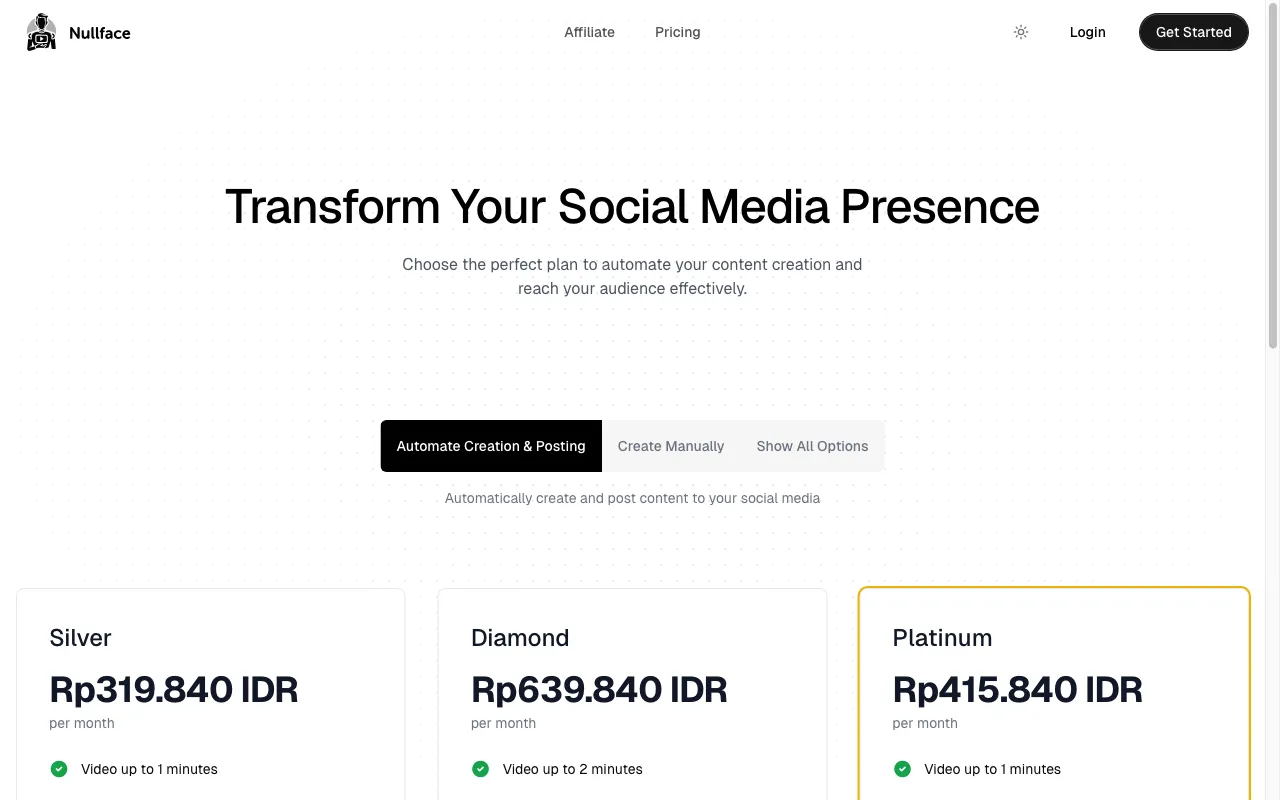 Nullface AI — pricing page