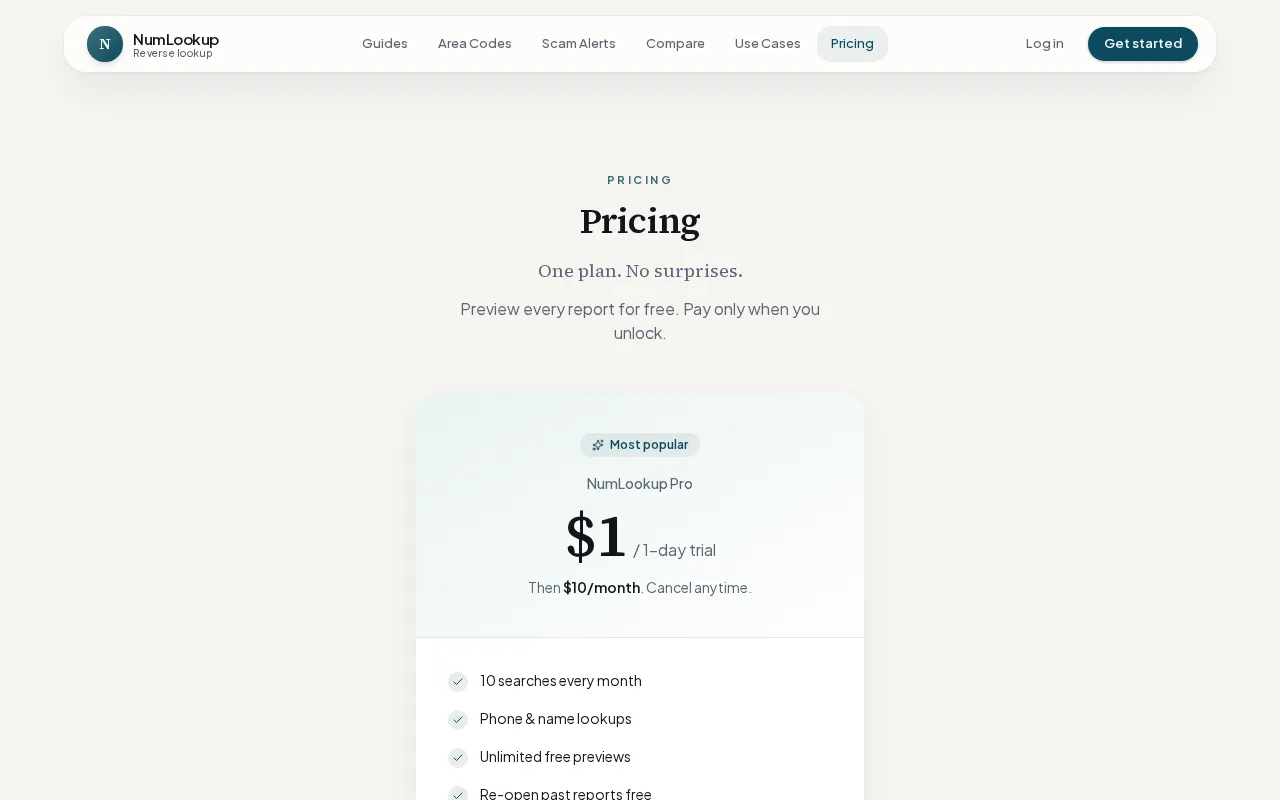NumLookup — pricing page