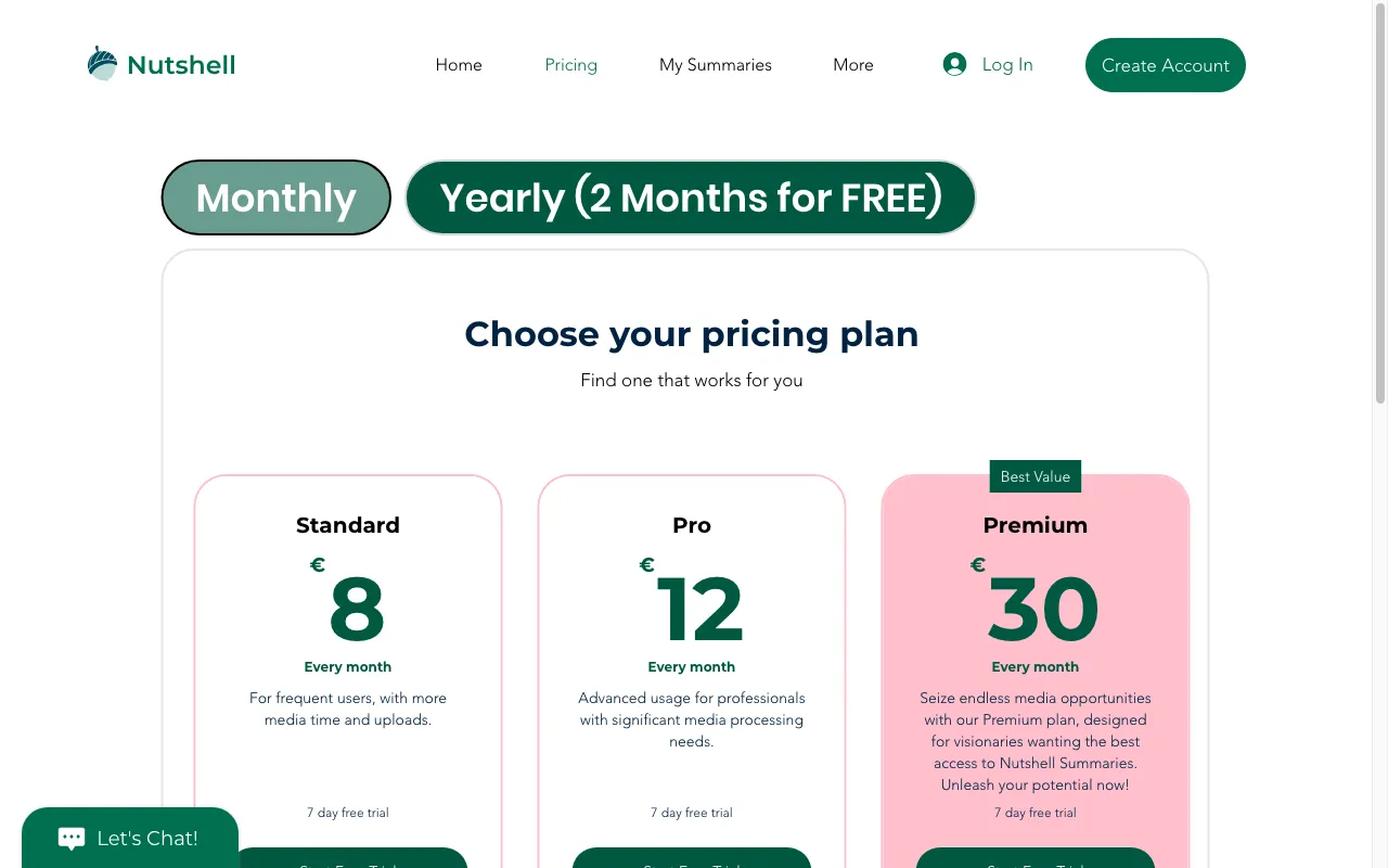 Nutshell Summaries 2.0 — pricing page