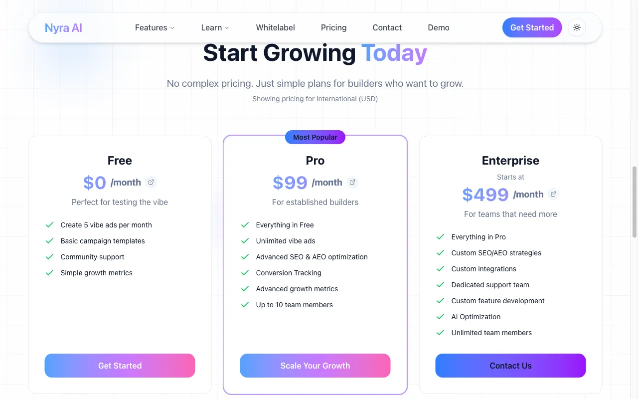 Nyra AI — pricing page