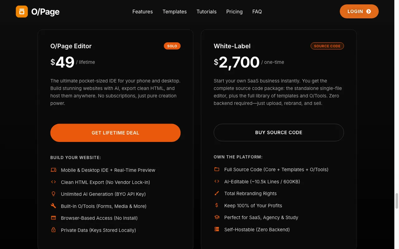 O/Page Website Builder — pricing page