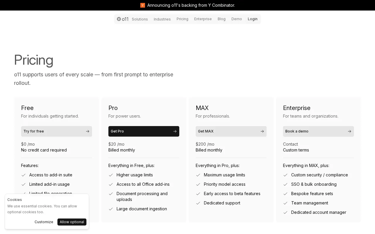 o11 — pricing page