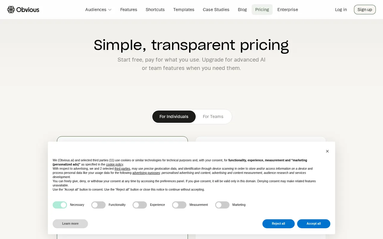Obvious — pricing page