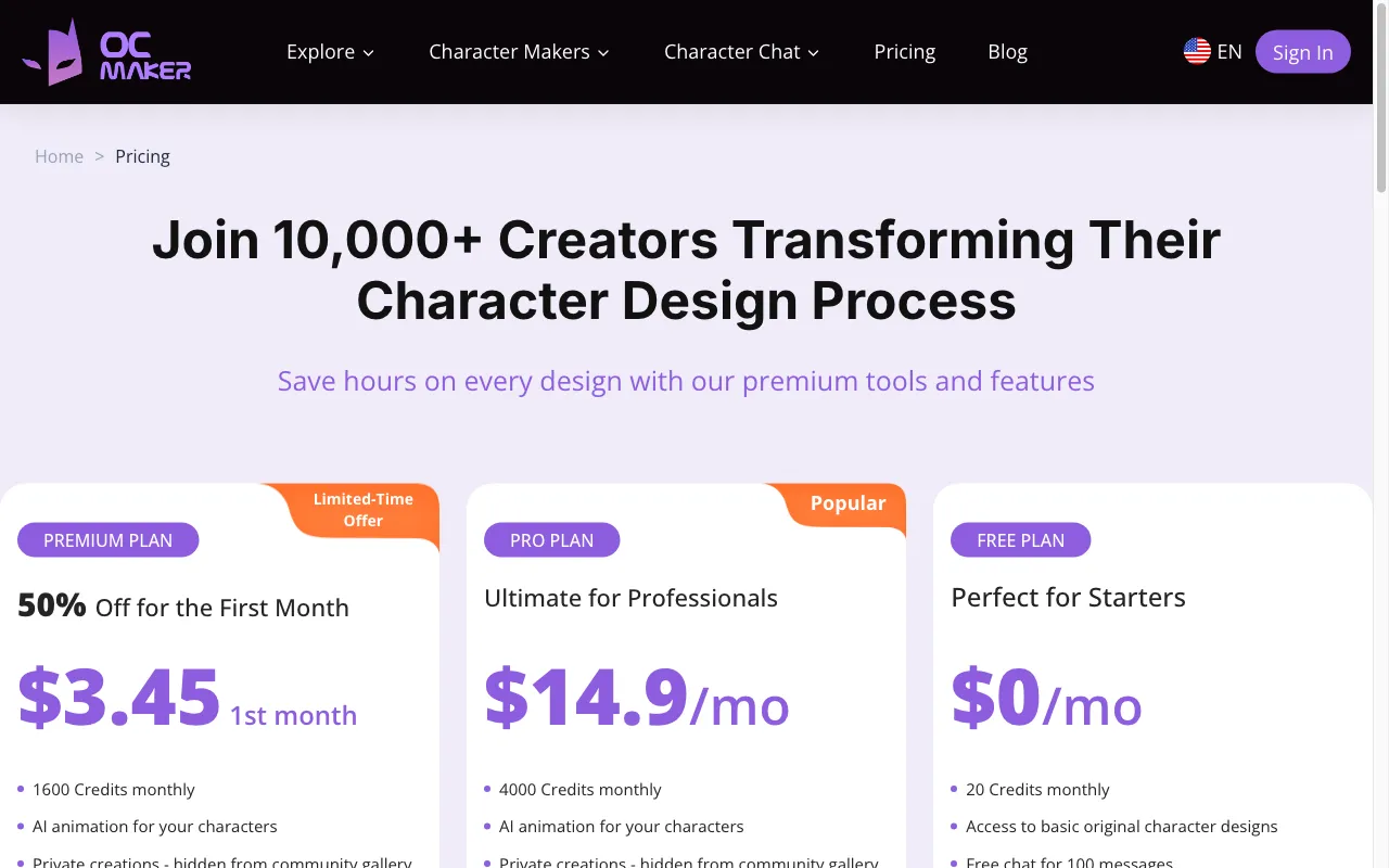 OC Maker — pricing page
