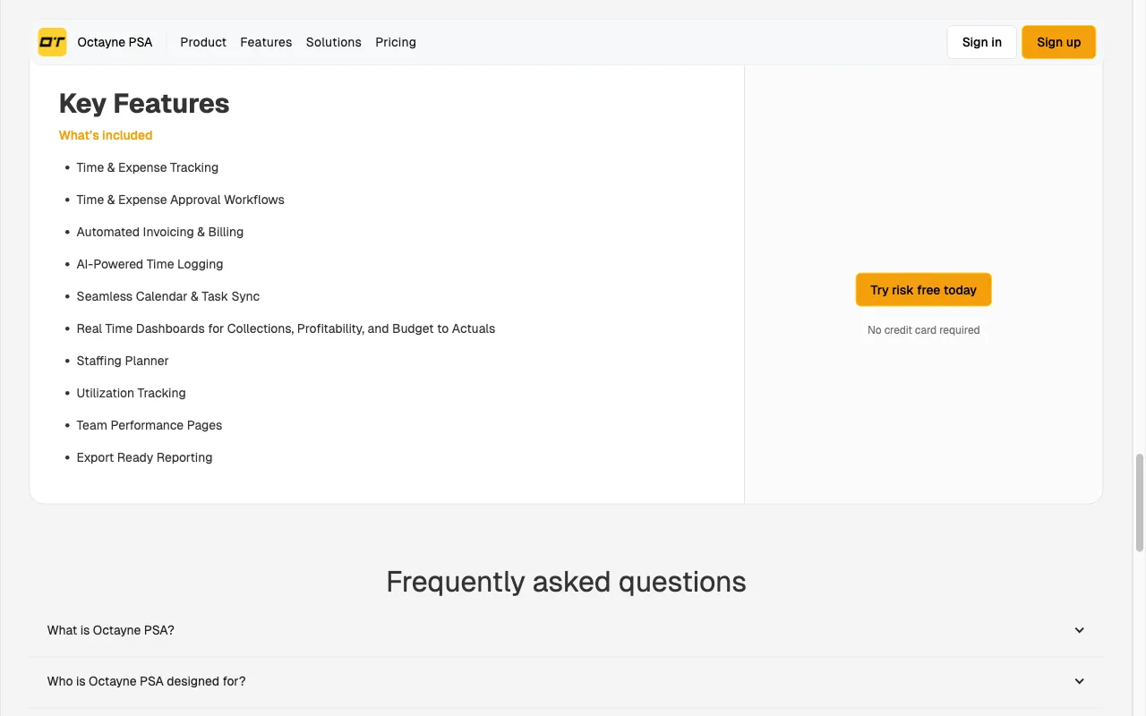 Octayne PSA — pricing page