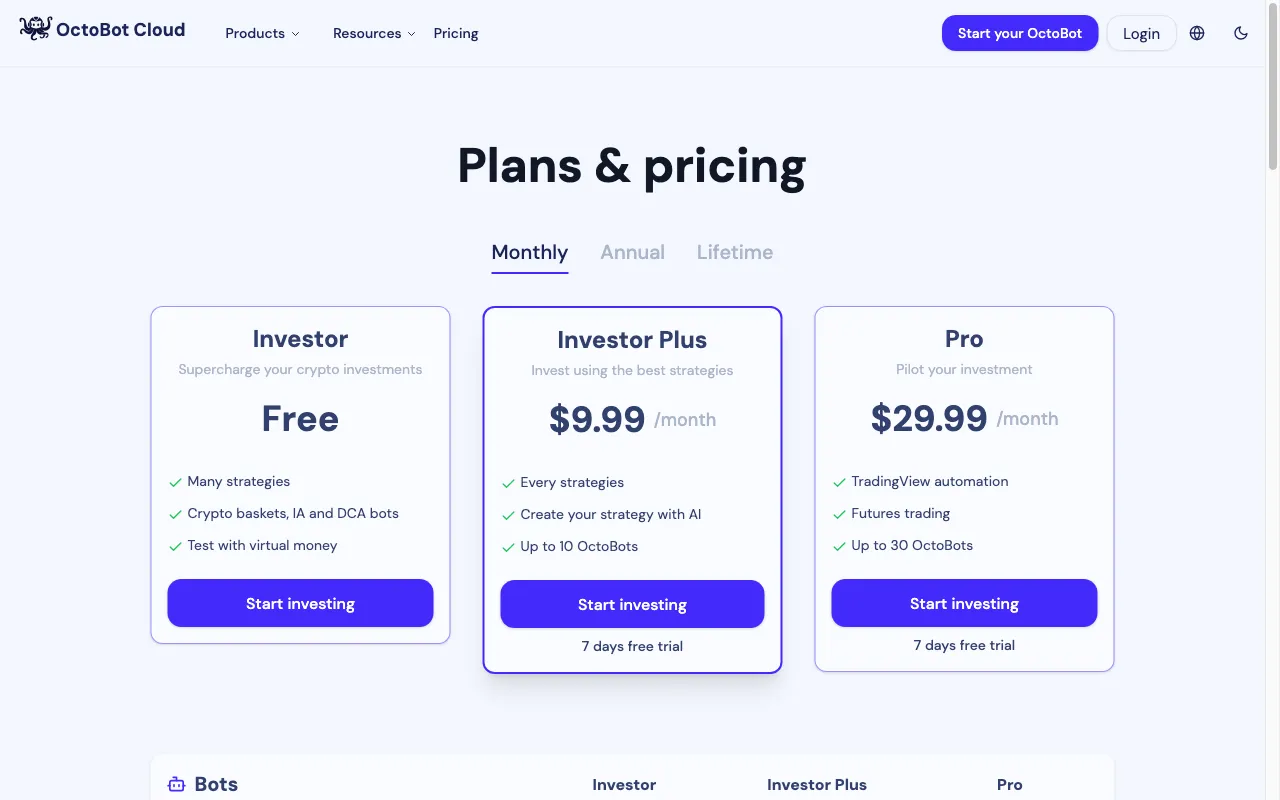 OctoBot — pricing page