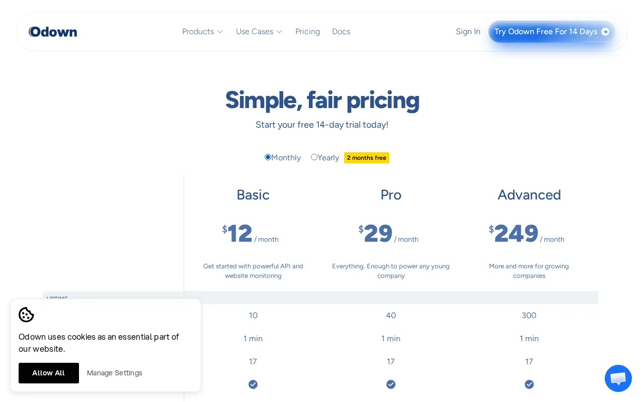 odown — pricing page