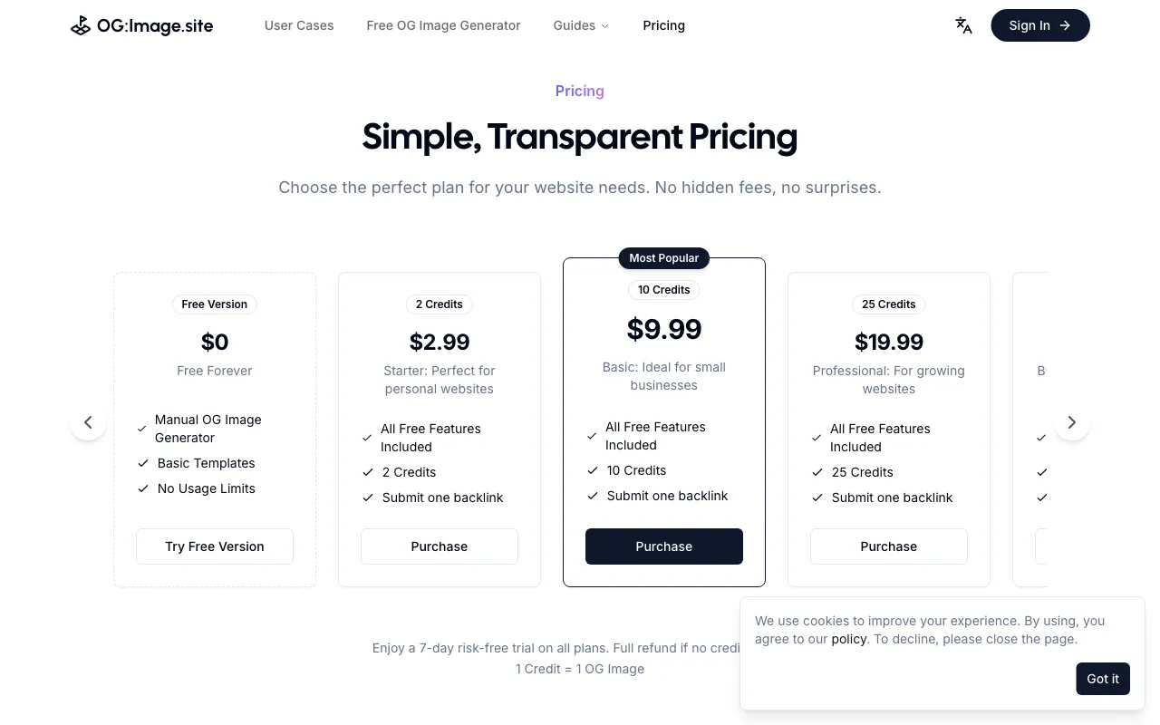 AI OG:Image Generator | Create Perfect Social Media Previews in 10 Seconds — pricing page