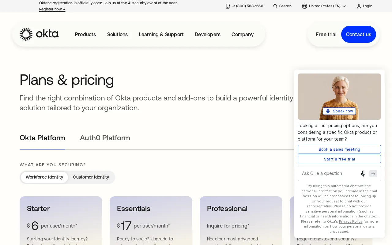 Okta — pricing page