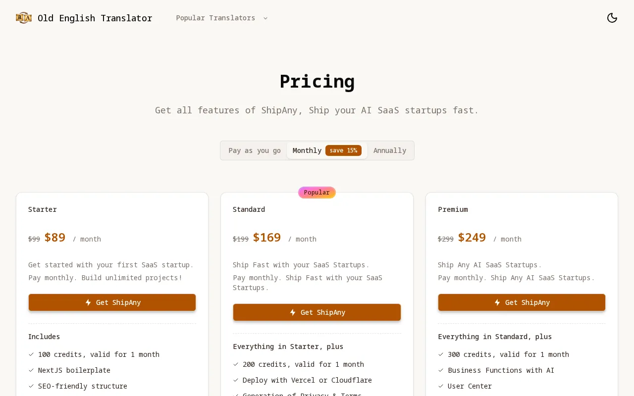 Old English Translator — pricing page